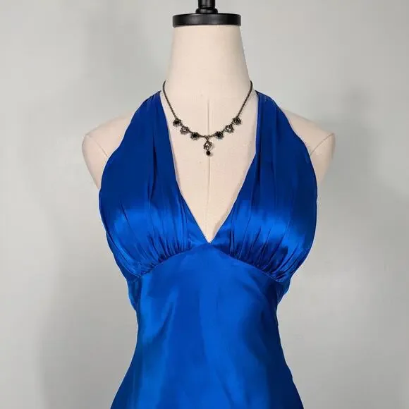 Vintage Cache Prom Dress Maxi Gown 4 Blue Y2K Silk Satin Movie Star Slip Glam